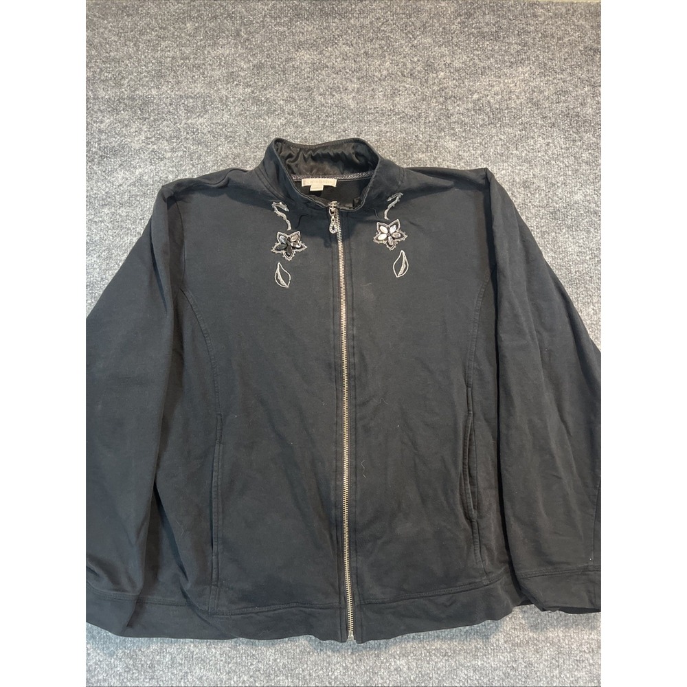 Erin London Vintage 1X Black Full Zip Jacket Heavy Floral Embroidery Rhinestone